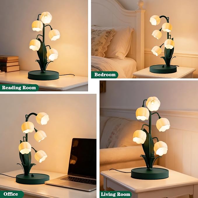 Flower Table Lamp, Lily of The Valley Lamp for Bedside Accent 3 Color Modes Cottagecore Soft Reading Night Light for Bedroom, Corner, Dorm, Entrance Home Vintage Decor (Dark Green)
