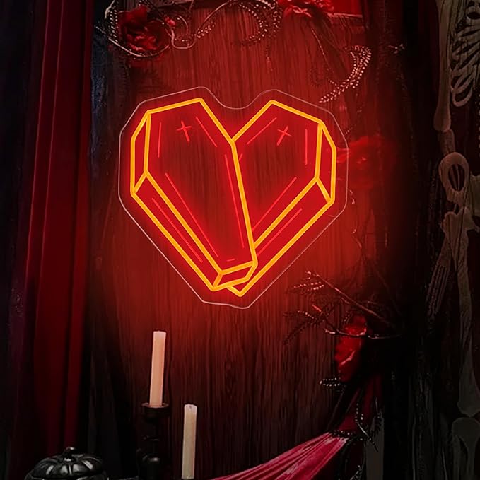 Cross Coffin Heart Neon Sign – Gothic LED LIghts Wall Decor for Bedrooms, Gallery Walls, and Dark Aesthetic Spaces – Unique Gift for Alternative & Goth Lovers – 13.5" x 13.5"