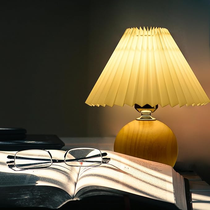 Korean Pleated Table Lamp Ins DIY Ceramic Table Lamps for Living Room Home Deco Cute Lamp with Tricolor Led Bulb Beside Lamp (Wood and White)
