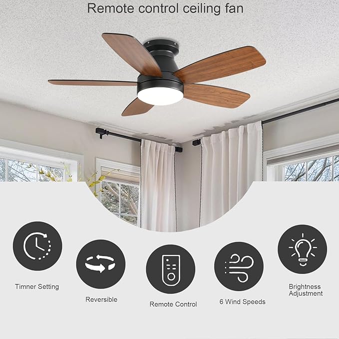 Ceiling Fans with Lights, 42 Inch Low Profile Ceiling Fan with Light and Remote/App Control, Flush Mount, Reversible, 3CCT, Dimmable, Noiseless, Brown Ceiling Fan for Indoor/Outdoor Use