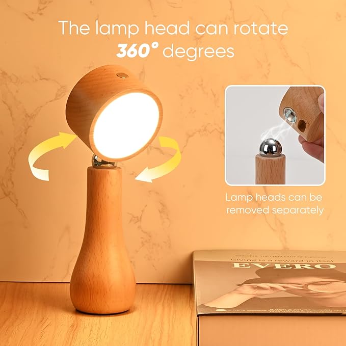 2 Pack LED Wooden Mushroom Lamp, Rechargeable Battery Operated Portable Cordless Touch Switch Small Lamp, Stepless Dimming, 360 Degree Rotation Angle Adjustable，Night Light for Birthday Gifts
