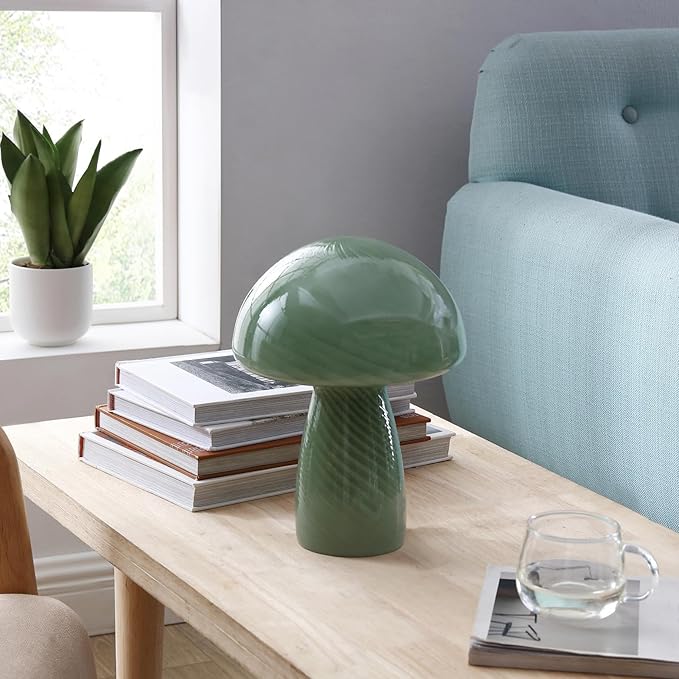 Urban Lifestyle 12" Green Striped Glass Mushroom Lamp, Modern Retro Table Lamp for Bedroom, Living Room, or Office Décor