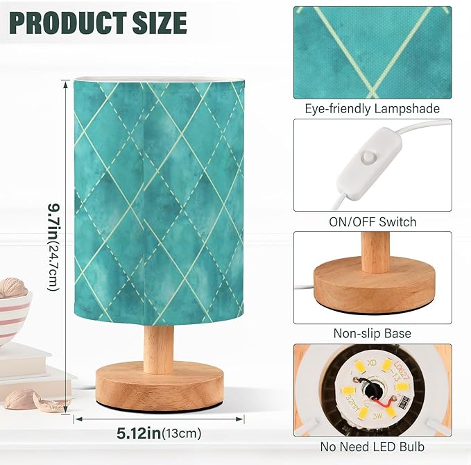 senya Table Lamp for Bedroom Living Room, Geometric Teal Turquoise Plaid Bedside Lamps with USB Charging Ports Nightstand Light Lamps
