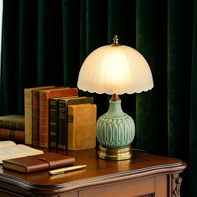 Ceramic Pattern Table Lamp with Frosted Glass Lampshade, Desk Bedside Small Lamps with 6ft Power Cord for Living Room Night Stands Bedroom (Bamboo Leaf)