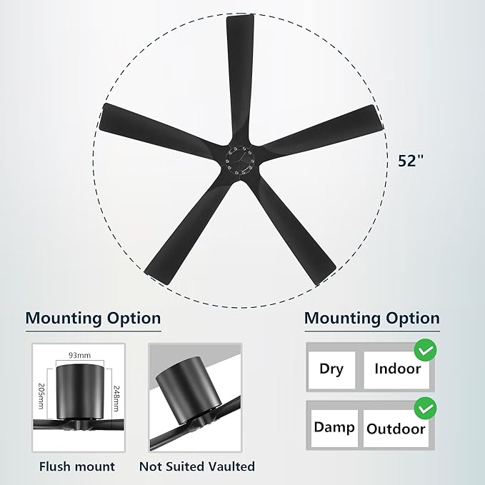 ELEHINSER 52 inch Low Profile Ceiling Fan without Light, 5 Solid Wood Blades, 6-Speed, Quiet DC Motor, Timer, Flush Mount Modern Ceiling Fan No Light with Remote for Living Room Bedroom, Black