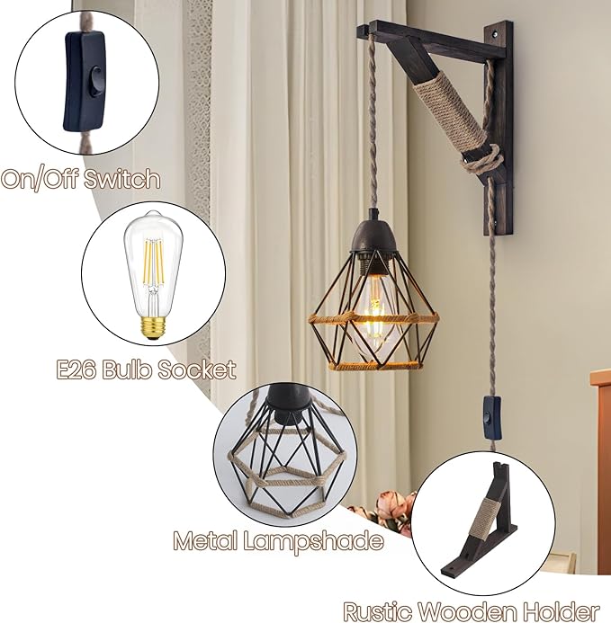 SEEBLEN Plug in Wall Light Sconce Set of 2,Farmhouse Wall Lamp with Plug in Cord On/Off Switch,Industrial Lamp with Metal Cage for Bedroom Headboard Living Room.