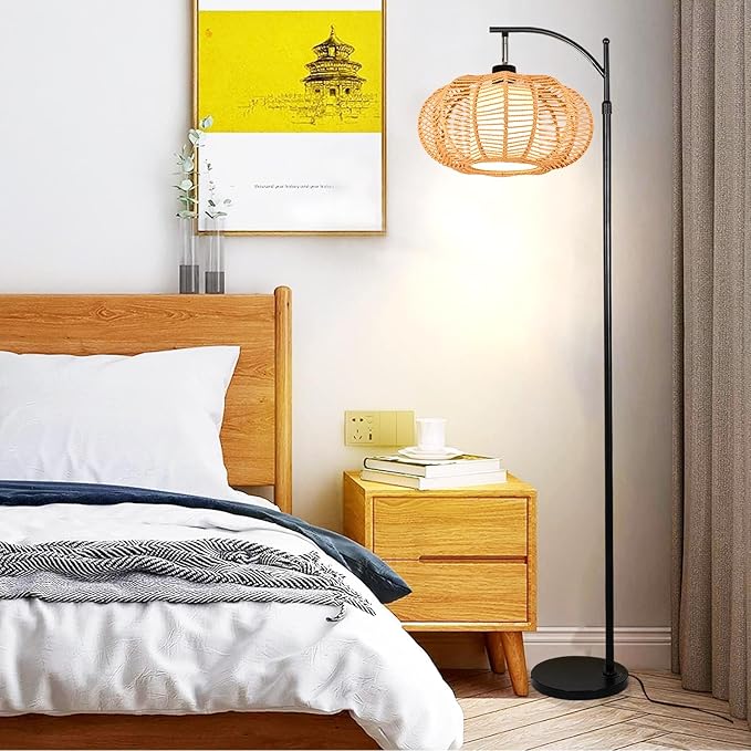 Arc Floor Lamps for Living Room Bedroom Rattan Boho Floor Lamp with Remote Control,Dimmable Led Standing Lamp Wicker Lamp Shade Rustic Tall Floor Lamp Modern Flower Lamp for Bedroom Corner