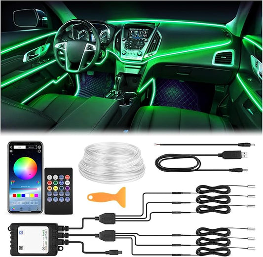 Interior Car LED Strip Lights 315 inches Fiber Optic tubing USB Powered RGB 6 in 1 Car Neon with Wireless APP and Remote Control, Ambient Lighting Kits 16 Million Colors,Sync to Music