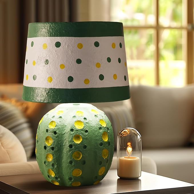 Handicrafts Home Handcrafted Paper Mache Table Lamp, 10.5x17” Modern Farmhouse Accent Table Lamp, Decorative Dome Bedside Nightstand Lamp for Bedroom Living Room, Small Desk Light, Cact Polka