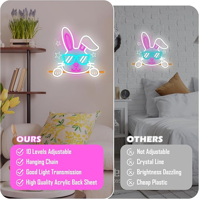 Bunny Neon Sign Happy Easter Neon Light for Home Dimmable Easter Decorations Neon Wall Art Glasses Rabbits LED light Sign for Bar Office Shop Bunny Window Lights Glow in The Dark Bunny