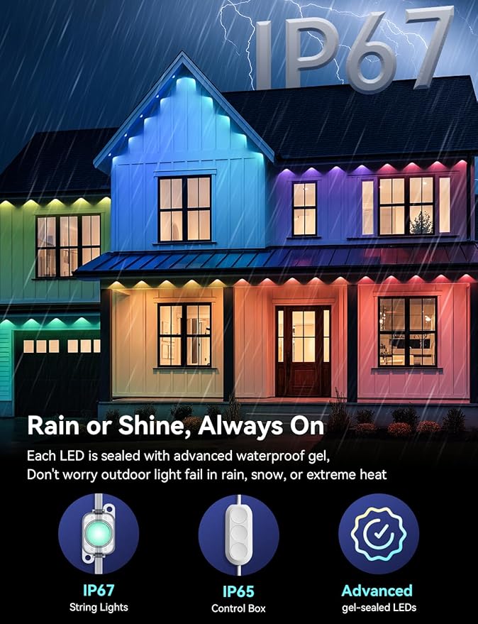 Permanent Outdoor Lights for Halloween, RGB+IC Smart Outdoor Lights for House, 150ft with 75 LED, IP67 Waterproof LED Lights for Halloween Christmas Decorations, Work with Remote, APP