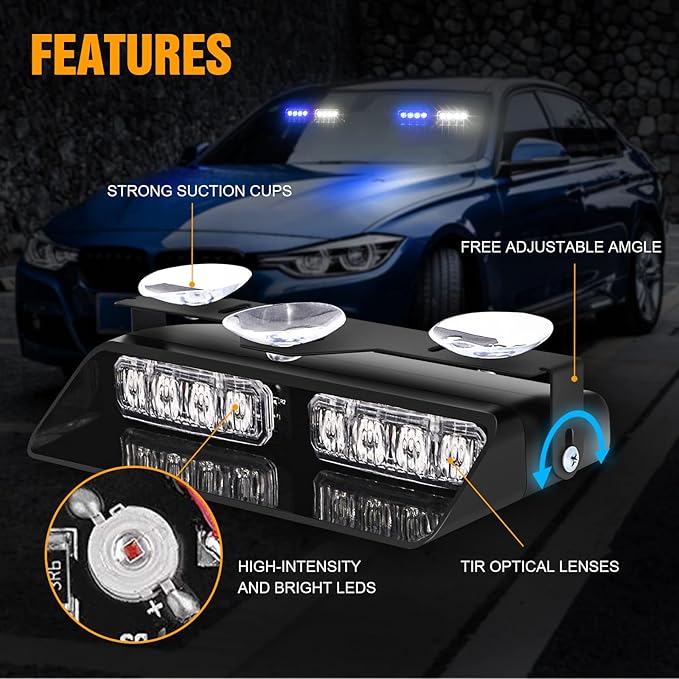 XRIDONSEN 2 in 1 Blue White Emergency Dash Strobe Lights Interior Front/Rear Windshield Lights Warning Safety Flashing Volunteer Firefighter Police Lights for Vehicles, Trucks (2x7.16 inch, 16 LED)