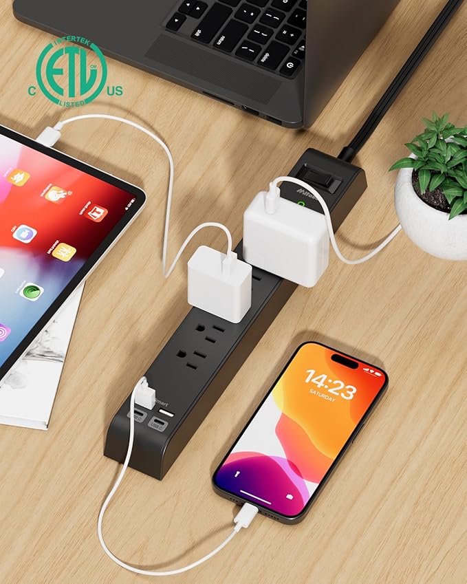 2 Pack Surge Protector Power Strip with 6 Outlets 4 USB Ports (2 USB C) 20-Foot Extension Cord Flat Plug 900 Joules 15A Circuit Breaker Wall Mount Desk USB Charging Station for Home Office