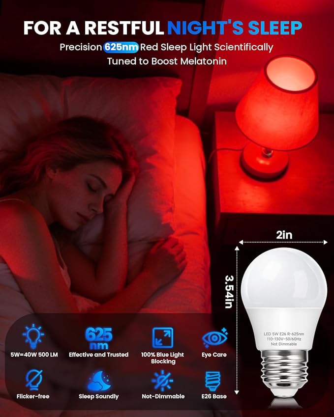 Red Sleep Light Bulbs: A15 5W 625nm Red Light Bulbs for Sleeping, 100% Blue Light Blocking Dim Light Bulbs 40W Equivalent, E26 LED Bulbs for Mood Soothing, Bedroom and Baby Nursery, 2 Pack