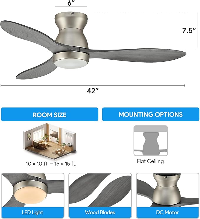 VONLUCE Ceiling Fans with Lights, 42 Inch Ceiling Fan and Remote, 6-Speeds Noiseless Reversible DC Motor, 3CCT, Wood Ceiling Fan for Farmhouse Bedroom Indoor Outdoor, Nickel