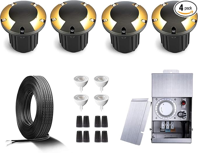 Gardenreet Brass Waterproof In Ground Well Light Kit(4 Pack) with 75W Low Voltage Transformer & MR16 Bulb & 100Feet Wire & Connectors, 12V LED Landscape Lighting for Outdoor Walkway Path(2 Way Turret)