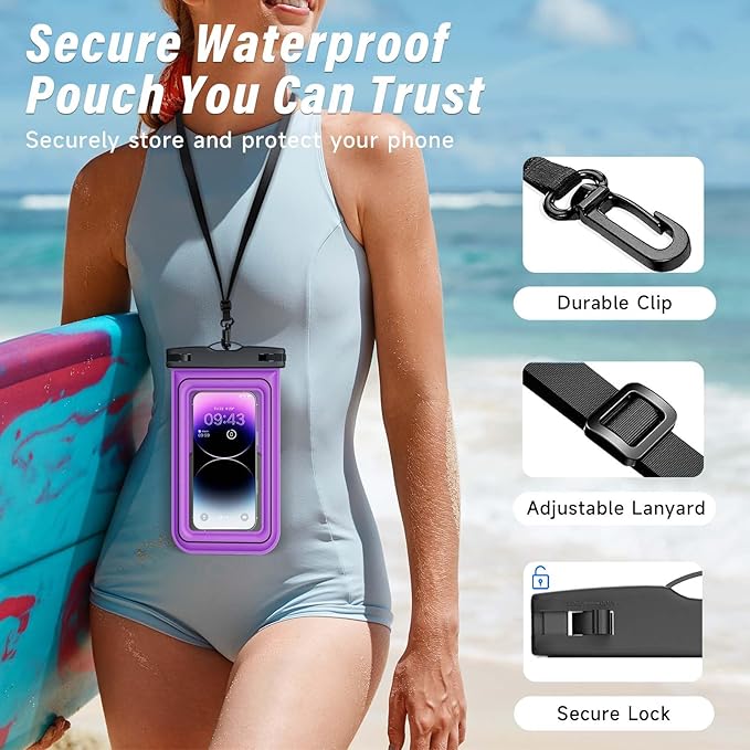 Waterproof Phone Pouch - 2 Pack IP68 Floating Waterproof Phone Case, Dry Bag Beach Cruise Essentials 2025 with Adjustable Lanyard for iPhone 16 Pro Max / 15 Pro/Galaxy S24 S23 (Blue & Purple)