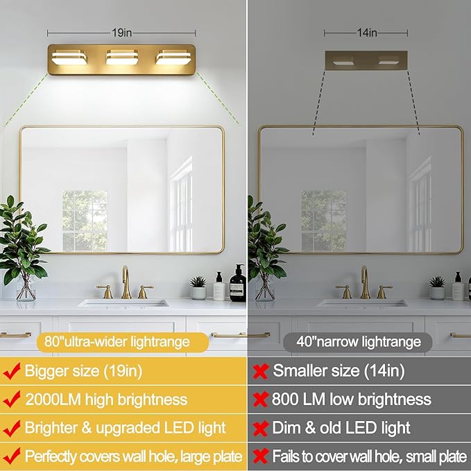 1300LM LED Modern Bathroom Vanity Light Fixtures, 360° Rotate Acrylic Gold Vanity Lights for Bathroom, Modern Wall Lighting Fixtures Over Mirror Kitchen Living Room (Natural White Light 5000K)