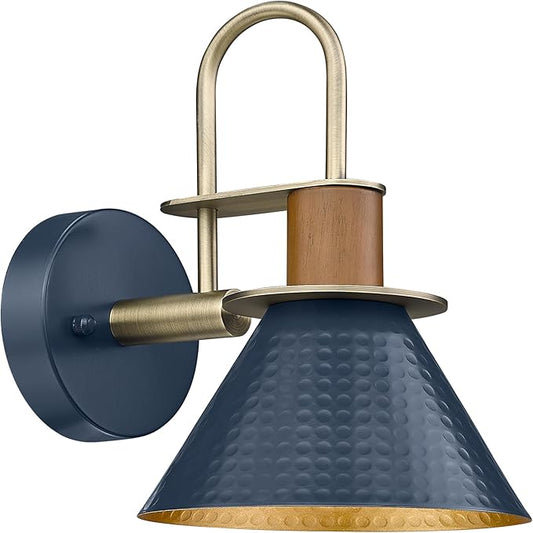 HWH Rustic Wall Sconces, Industrial Sconce Wall Lighting Indoor Wall Lamp, Gooseneck 1-Light Barn Vanity Light for Bathroom Bedroom Bedside, Hammered Metal Shade, Navy Blue Finish, 5HZG74B BL+BG