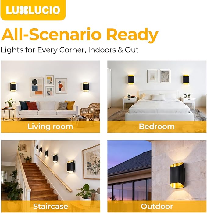 2 Pack Black & Gold Up & Down Wall Sconce Lamp 5%-100% Dimmable, Modern Indoor/Outdoor Porch Light, IP65 Waterproof, 120V, 1200LM, 12W, 2700K-5000K Selectable, CRI90+, ETL FCC Certified