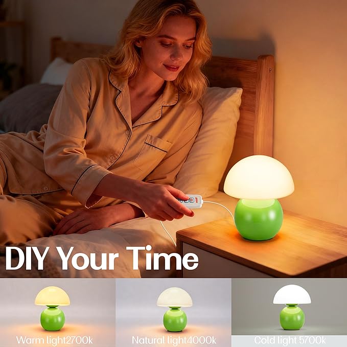 Small Mushroom Lamp,USB-Plug in Bedside Table Lamps with 3-Temperature LED Bulb Dimmable,Unique Cute Aesthetic Home Decor for Living Room,Bedroom, Modern Ceramic Base Glass Lamp(Green)