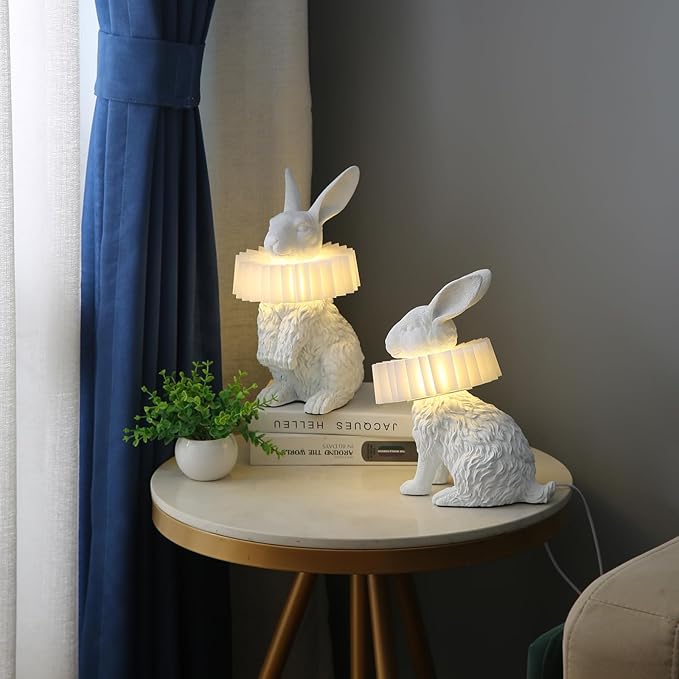 White Rabbit Lamp,Resin Crafted Scarf Bunny Table Lamp Featuring White Pleated PC Lampshade,USB Plug, Energy-Efficient Kids Nightstand Lamp