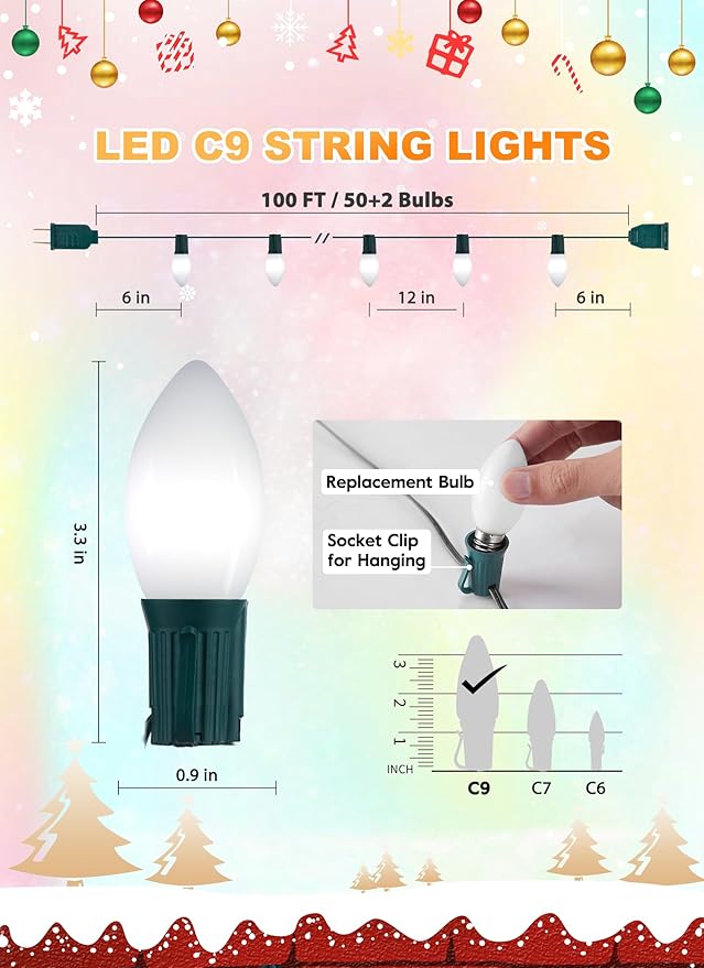 Vintage C9 LED Christmas Lights Outdoor, 100 Feet C9 String Lights with 50 Shatterproof C9 Bulbs, Waterproof Connectable Christmas Tree Lights for Outside Roofline Patio Xmas Decorations, Pure White