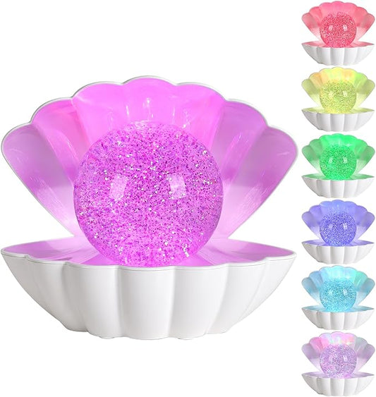 Shell Pearl Beach Themed Night Light, RGB 8 Colors Changing Mood Shell Pearl Lamps, Bedside LED Clamshell Portable Night Lights for Bar (Large White Shell)