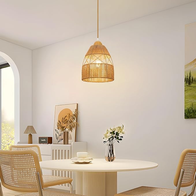 2 Pack Boho Rattan Pendant Light Kitchen Island,Farmhouse Chandeliers Adjustable Height Hanging lamp for Dining Room,Kitchen Ceiling Lights Fixtures with Hand Woven Wicker Lampshade Lighting