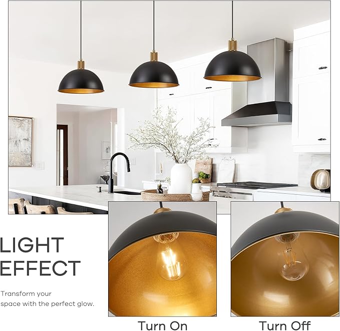 12 Inch Black Dome Pendant Lights for Kitchen Island, Height Adjustable Farmhouse Industrial Hanging Light Fixtures Over Table for Dining Room, Entryway, 1 Pack