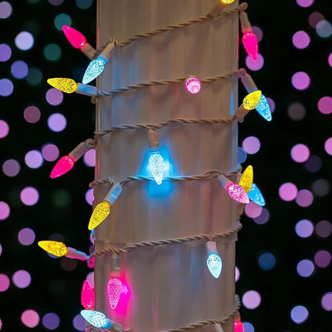 70 Light 24Ft Spring Easter Lights Commercial String Lights C6 LED Strawberry Faceted Bulb – Yellow/Teal/Pink, White Wire, Indoor/Outdoor, Full Wave No Flicker, Connect 43 Sets
