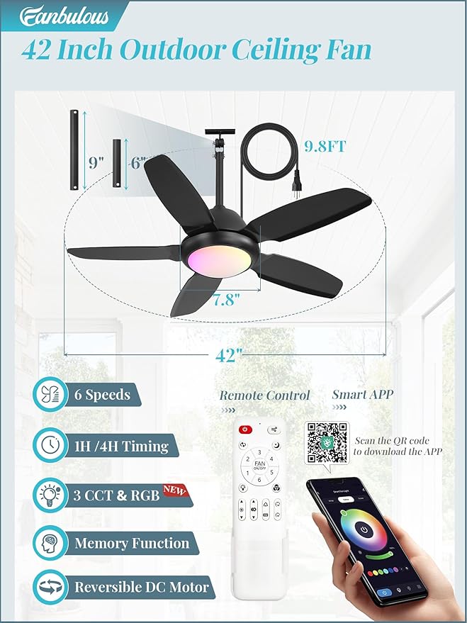 Fanbulous 42 Inch RGB Waterproof Outdoor Ceiling Fan with Lights,APP & Remote Control,IP65 Hanging Gazebo Fan with 3CCT 6-Speed DC Motor,Black Wet Rated Plug in with Cord for Patios Porch Pergola