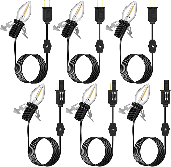 Enhon Accessory Cord with 1 LED Light Bulb, 6ft Blow Mold Light Cord with C7 Bulbs, Black Cord with On/Off Plug, Christmas Village Light for Holiday Indoor House Decoration Craft Projects(6 Pack)