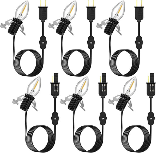 Enhon Accessory Cord with 1 LED Light Bulb, 6ft Blow Mold Light Cord with C7 Bulbs, Black Cord with On/Off Plug, Christmas Village Light for Holiday Indoor House Decoration Craft Projects(6 Pack)