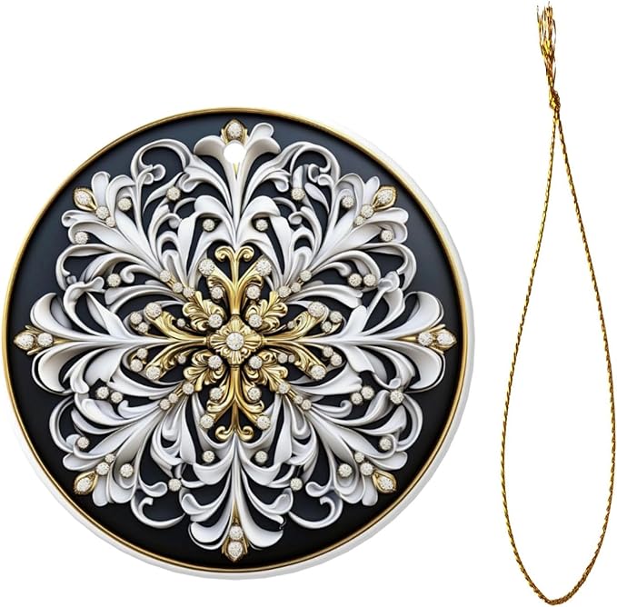 Tribal Bohemian Flowers Christmas Ornaments, Christmas Decorations Xmas Tree Hanging Ornaments, Round Ceramic Festive Keepsake Gift for Xmas Decorations Holiday Home Decor