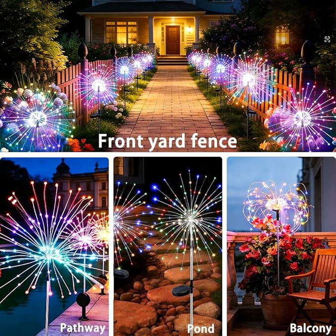 Solar Fireworks Lights for Outside, 150LED 8 Modes Fireworks Solar Lights Outdoor, Fairy Garden Flowers Lights for Yard Pathway Wedding Party Christmas Diwali Garden Decor 4Pack (Multicolor)