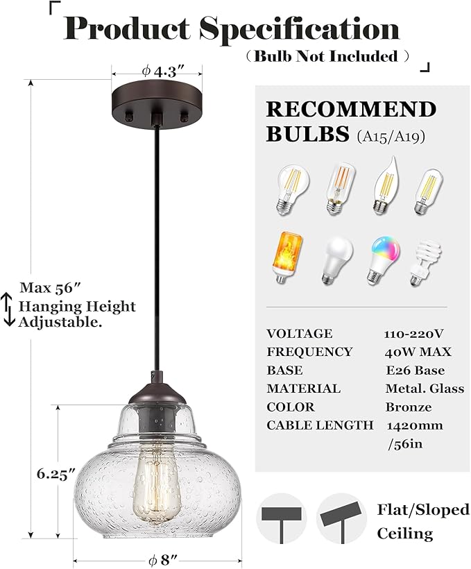 ELYONA 8 Inch Pendant Light Fixtures Seeded Bubble Glass Hanging Light Industrial Pendant Lighting for Kitchen Island Farmhouse Bar Bathroom Dining Room Oil Rubbed Bronze Finish