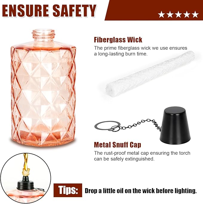 Nonley Glass Table Top Torches, 4 Pack Citronella Torches for Outside, 12oz Flame Light Torch,Refillable, Wick and Cap Included, Landscape Lanterns Torches for Garden Yard Patio Party Decor