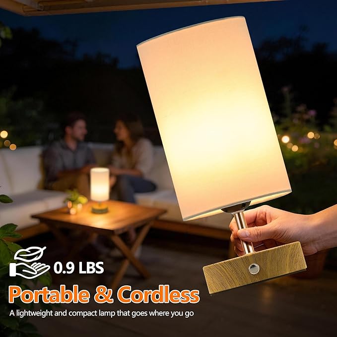 TOBUSA Cordless Table Lamp, Rechargeable 6000mAh Battery Operated Bedside Lamp, Portable Touch LED Desk Lamp Dimmable, Wireless Lamp with Wood-Grain Base, Modern Night Light for Bedroom, Bulb Included