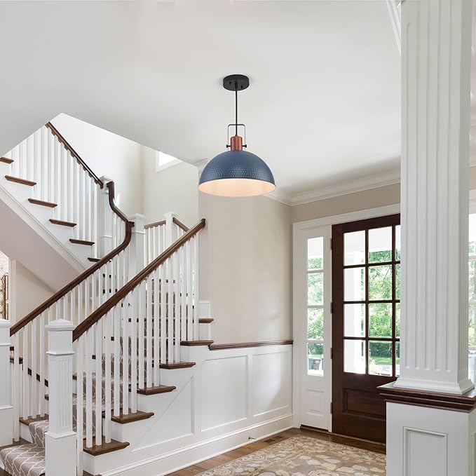 16 Inch Blue Pendant Lights Hammered Matte Pendant Lights for Kitchen Island Industrial Farmhouse Adjustable Height Dome Hanging Light Fixtures for Barn, Dining Room 1 Pack