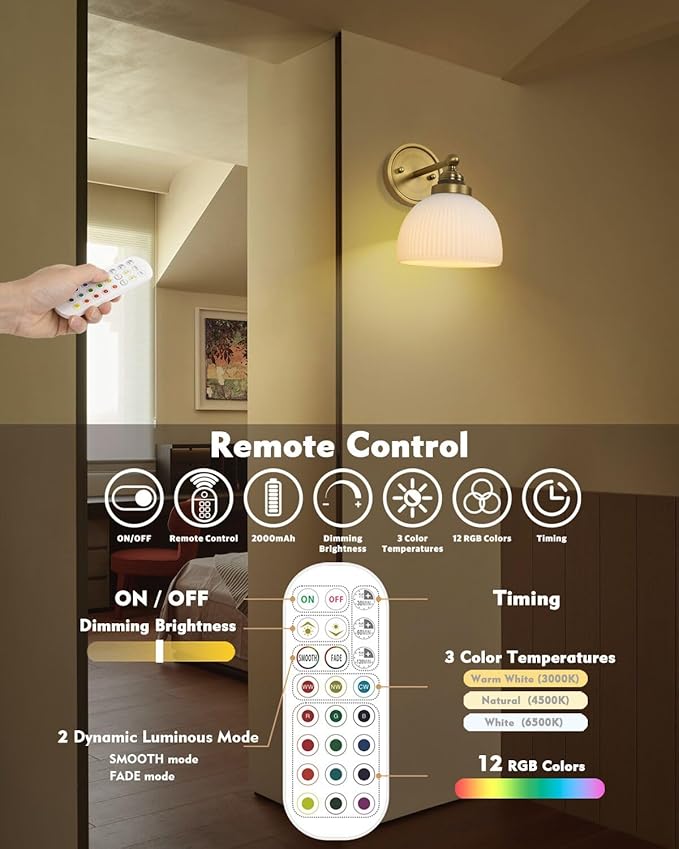 HEQIQEH Vintage Rechargeable Battery Operated Sconce Ribbed White Glass Shade Wall Lighting with Remote Control Dimmable Wall Mounted Lamp Fixture for Bedroom Vanity Bathroom Living Room