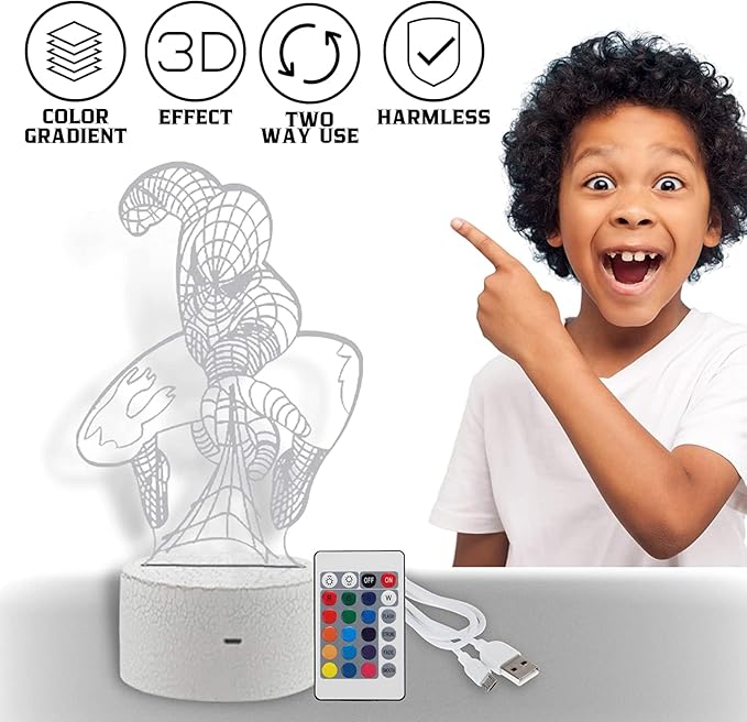 Spider Human Night Light 3D – 3D Illusion Optical Kids Night Lights for Bedroom 16 Colors with Remote 3D Illusion LED Light for Kids Spider Gifts Cute Desk Lamp Ideal Room Decor Gift