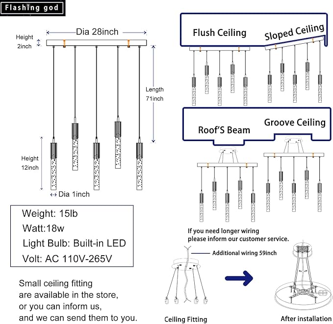 Flashing God 5-Lights Rectangular Pendant Lights for Kitchen Island Chrome Linear Crystal Chandelier Modern Chandeliers for Kitchen Island Dining Room