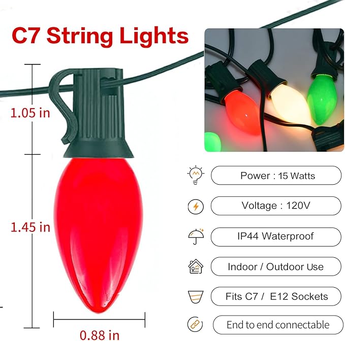 25FT C7 Christmas Lights Outdoor, Red Green White 3-Color LED String Lights for Roof, Fence, Tree, Wedding, Party, Patio, Bright Holiday Decor