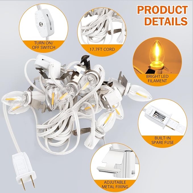 C7 Accessory Cord with 15 LED Light Bulbs and Outlet Christmas Village Light 17.7 FT with Spare Fuse Warm White Lamp for Christmas Village Houses Pumpkin Lamp Holiday Decor