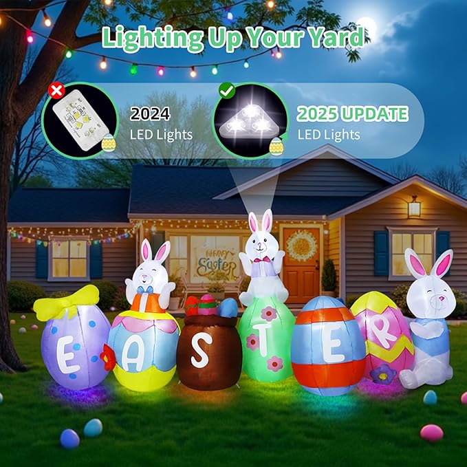 10FT Easter Inflatables Outdoor Decorations, Large Easter Blow Up Bunny & Eggs Built-in 9 Bright LED Lights, Cute Spring Inflatable Decor for Yard Garden Lawn Holiday Party