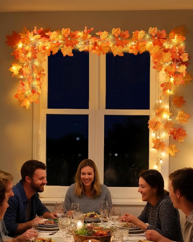 Fall Decor 2 Pack Lighted Fall Garland, Total 16.4ft 40 LED Thanksgiving Decorations Halloween String Lights, Friendsgiving Gift Thanksgiving Decor for Home Holiday Autumn Garland Indoor