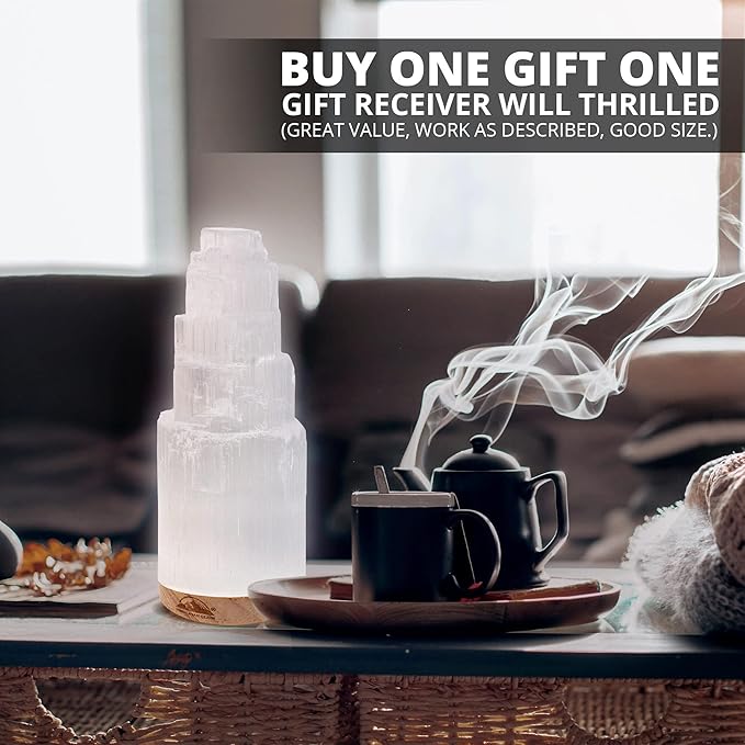 Himalayan Glow Selenite Crystal Lamp 20cm, Hand Curved Morocco |Skyscraper| Crystals and Healing Stones,(ETL Certified) with Wooden Base & USB Charging Cable For Healing Cleansing & Meditation