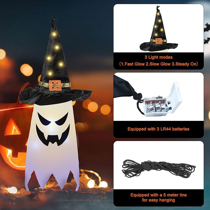 Halloween Decorations Outdoor, 5 PCS Hanging Lighted Glowing Ghost Witch Hat Outdoor Ornaments, Halloween Decor for Party Home Tree Garden Yard Party Favors
