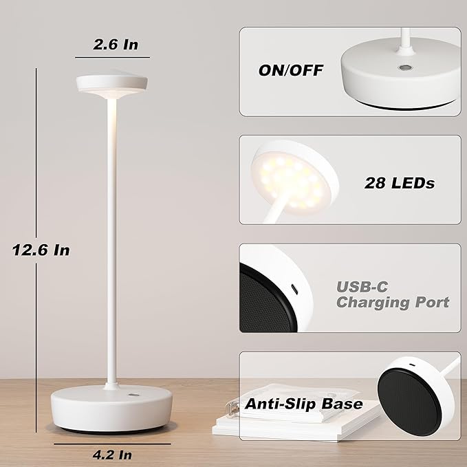 1 Pack Cordless Table Lamp Rechargeable - LED Battery Table Light with 3 Color Temperatures, Stepless Dimming, Waterproof Aluminum for Indoor Outdoor, Patio, Restaurant, Dinner (White)